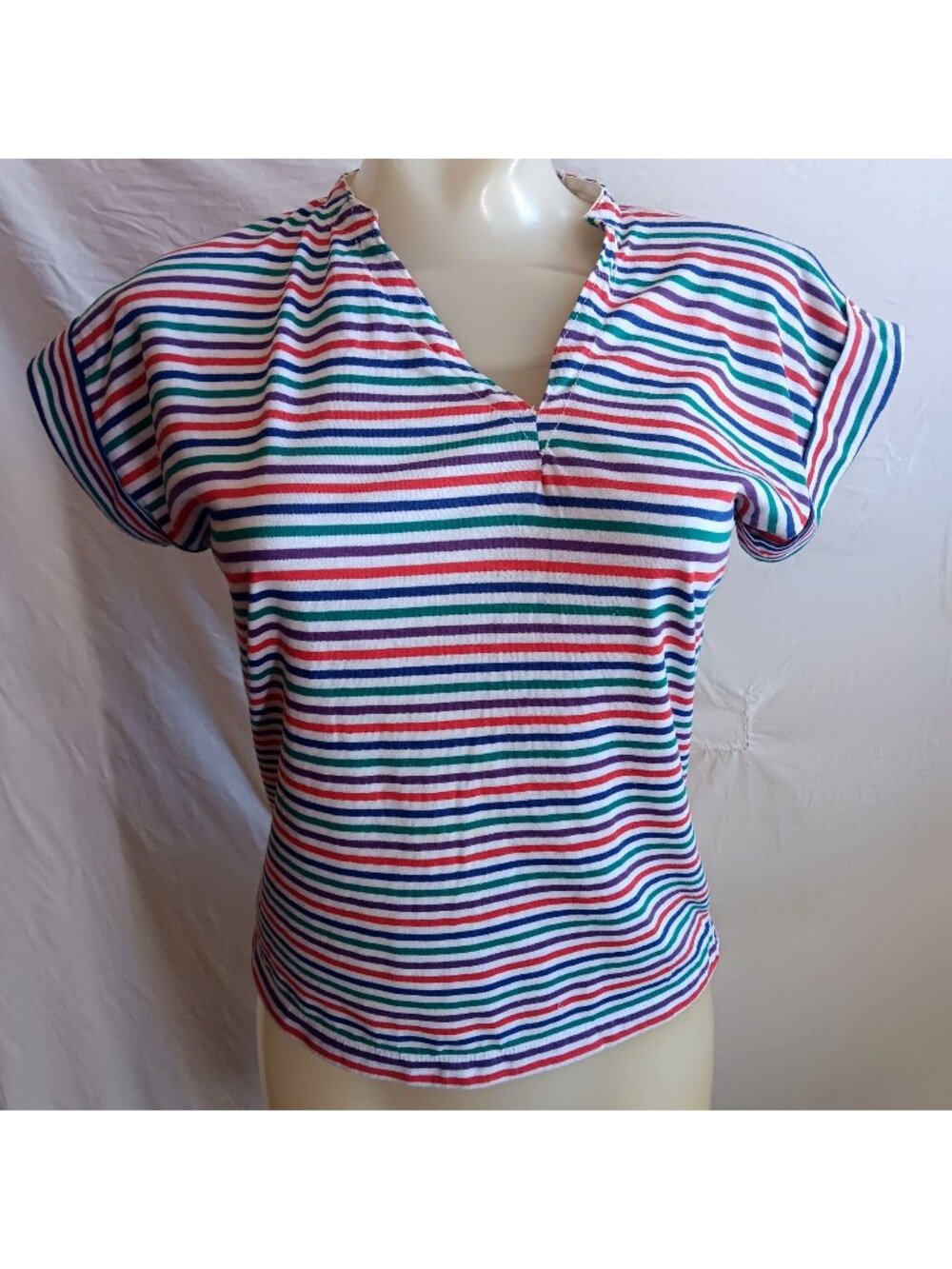 Women's Large Vintage T-Shirt Casual Corner Striped V-Neck Top 1980s Altered